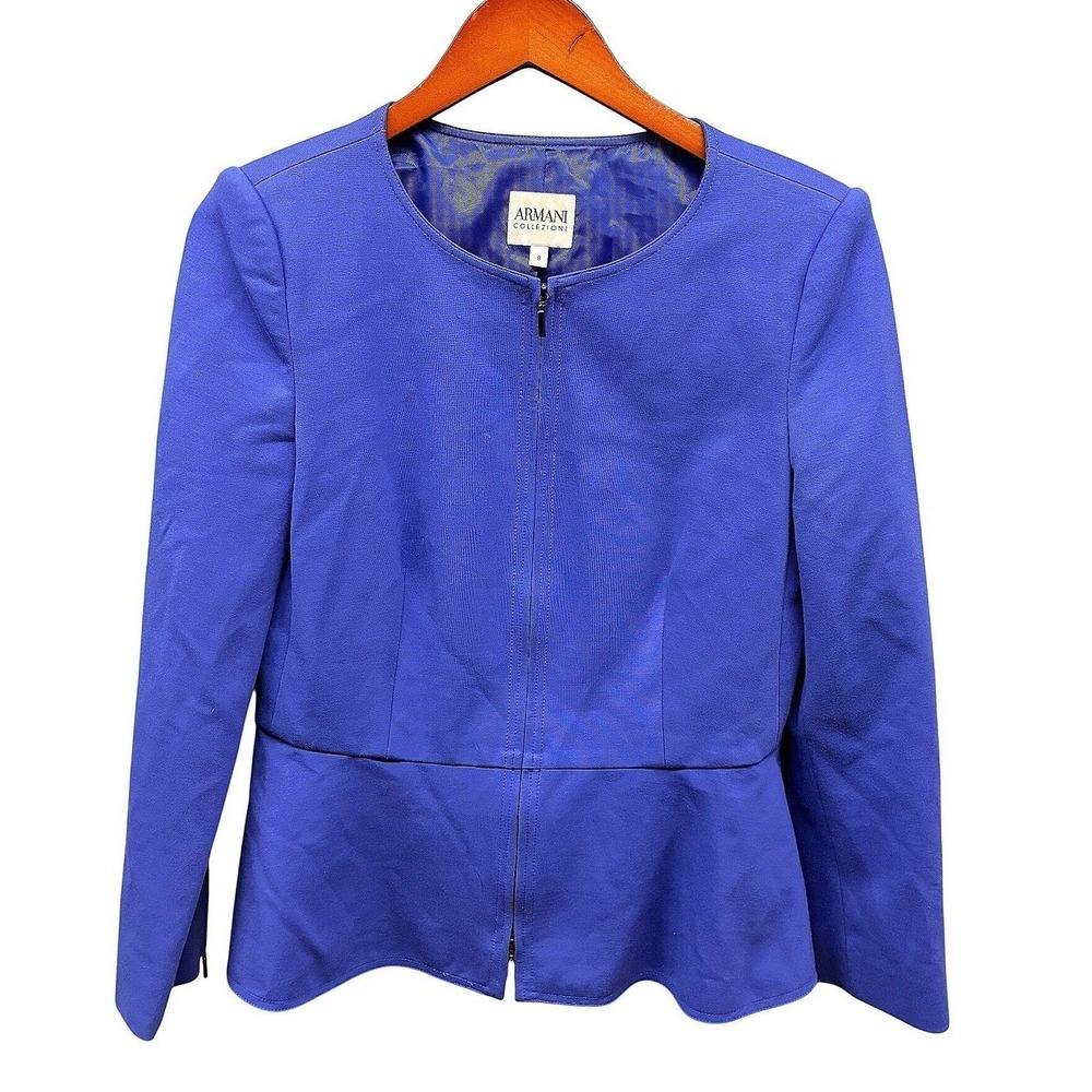 Armani Collezioni Peplum Blazer Jacket Womens 8 Blue Zip Front Collarless Luxury